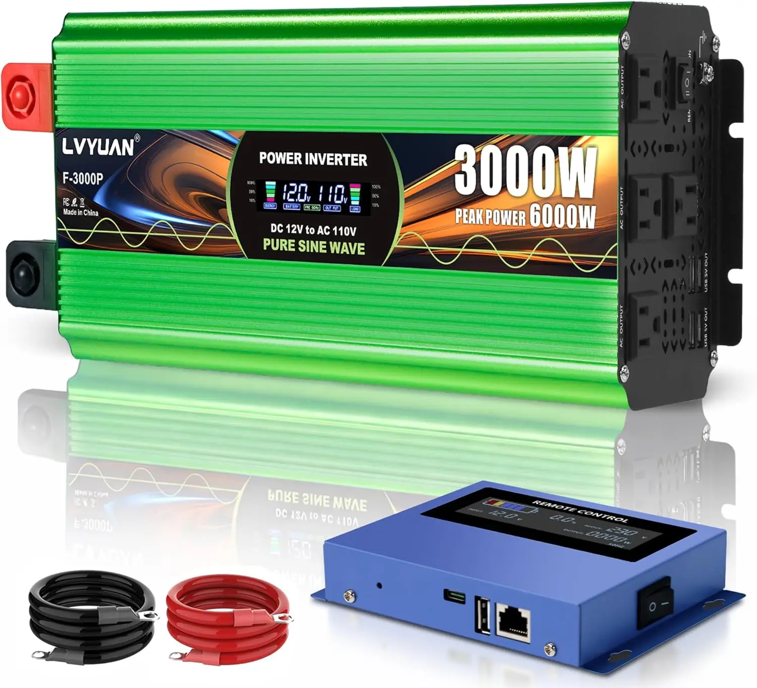 

3000W Pure Sine Wave Inverter 12V to 110V, 4 AC Outlets, USB & USB-C, Remote LCD, 2 AWG Cables, 6000W Surge for RV, Truck, Off G
