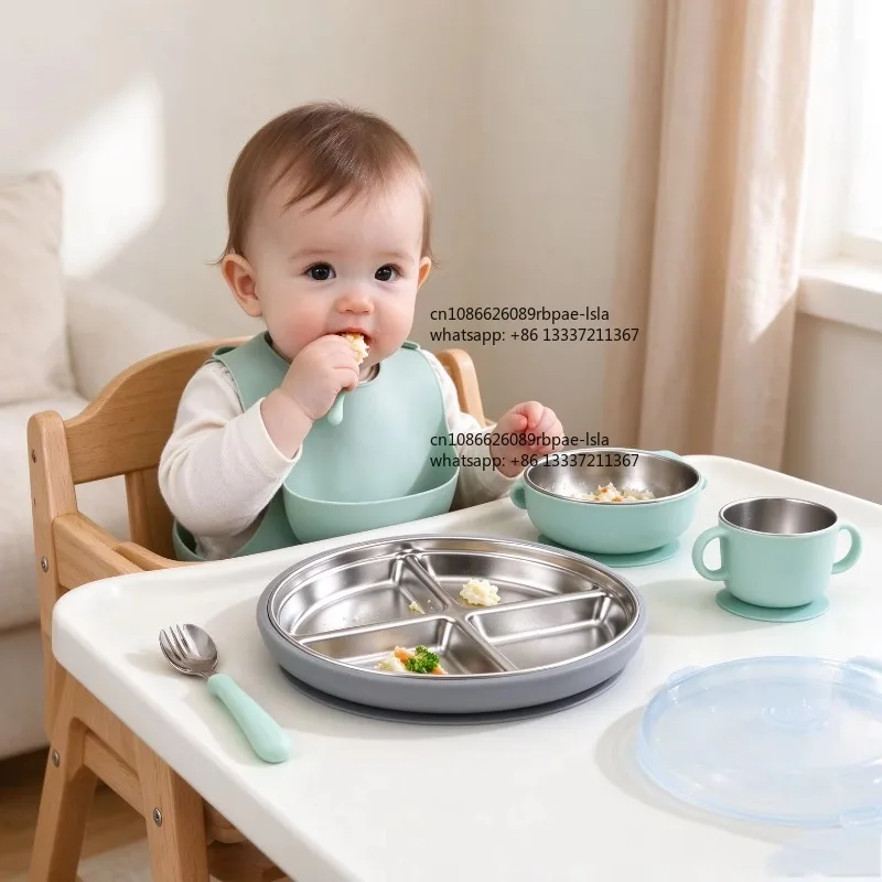10 Pcs  Factory Bulk Supply Infant Tableware 304 Stainless Steel Bowl Plate Cup Silicone Bib Spoon Fork Toddler Weaning Set