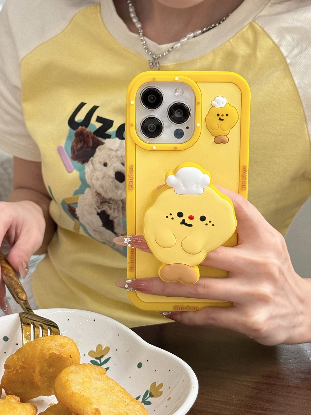 

Cute 3D Cartoon Chicken Duck Bread Telescopic Bracket Case For iPhone 16 15 14 13 12 Pro Max Soft Silicone Stand Holder Cover