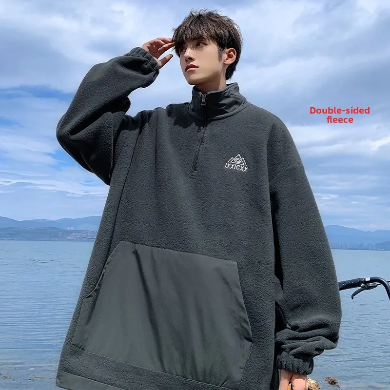 

Двусторонняя флисовая куртка для мужчин, весенне-осенняя, свободного кроя, с воротником-стойкой, с капюшоном, спортивная, молодежная, модная, теплая, с длинными рукавами, на молнии