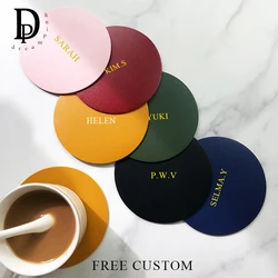 Custom Letters Round Cup Coaster Engrave Initials Leather Coffee Cup Mat Pad Luxury Home Deco Gift Wholesale Glasses Placement