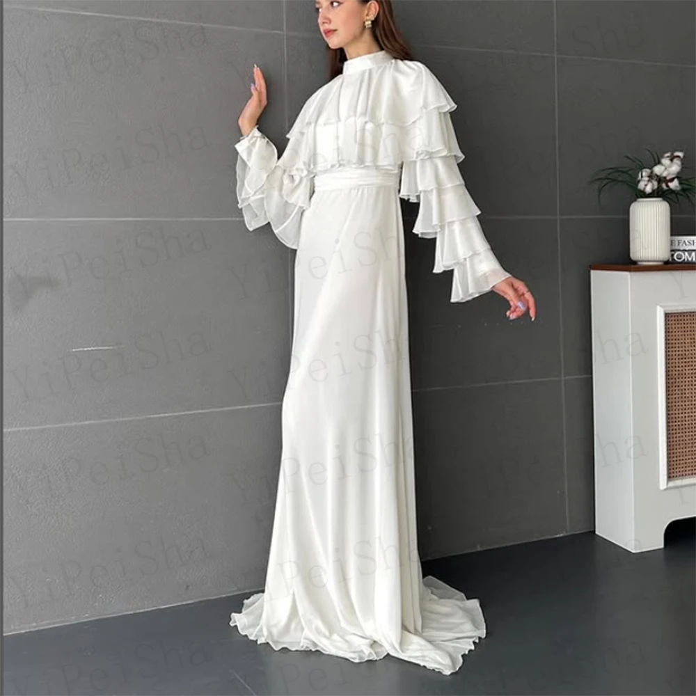 Vestidos de fiesta de sirena blancos personalizados, vestido de noche de manga larga con cuello alto hasta el suelo, vestido de fiesta drapeado escalonado de moda Simple