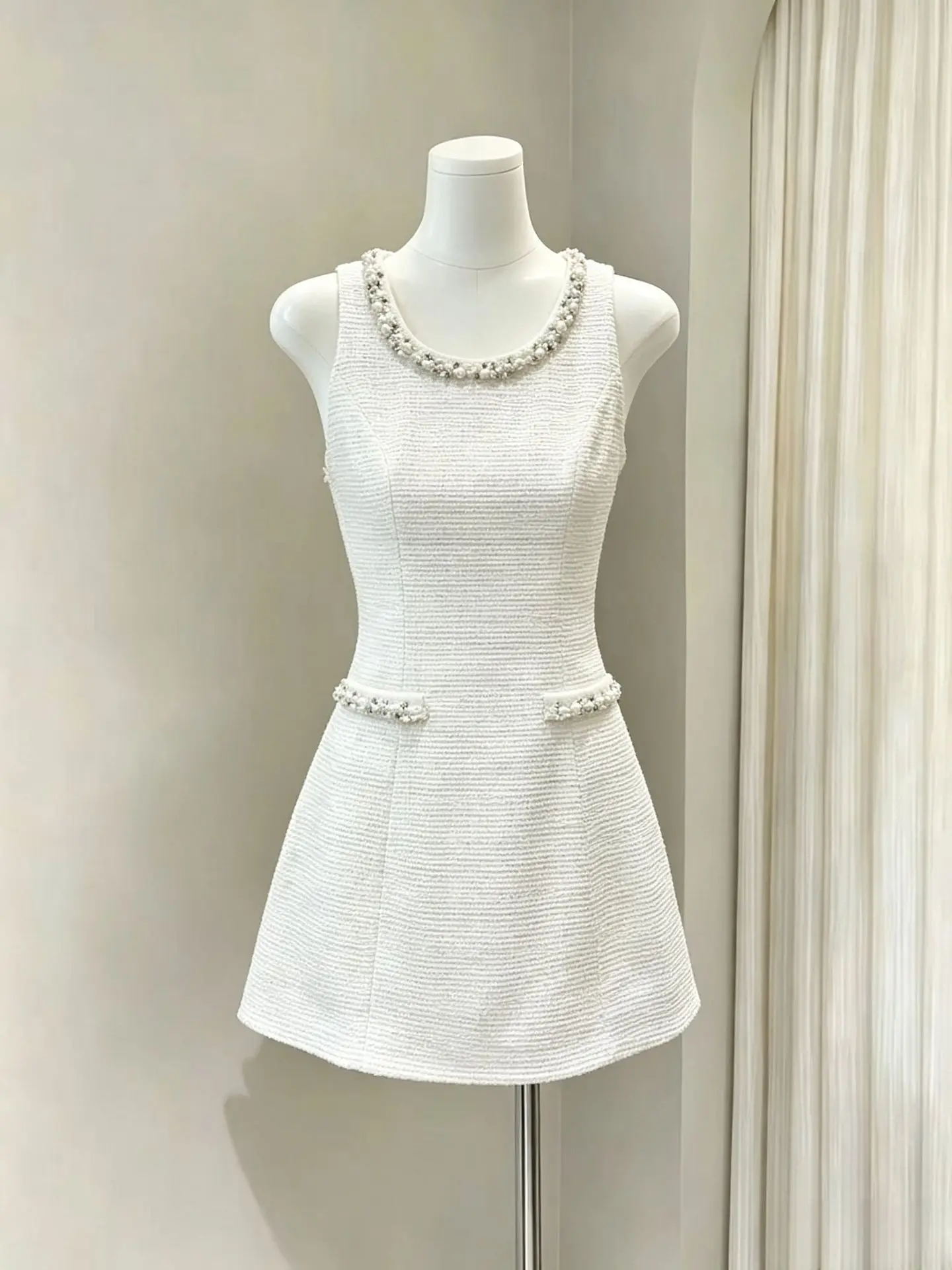Women's Fashion Two-piece Jacket Set Diamond O Neck Sleeveless Slimming Mini Dress & Single Breasted Jacket Set Autumn Wear