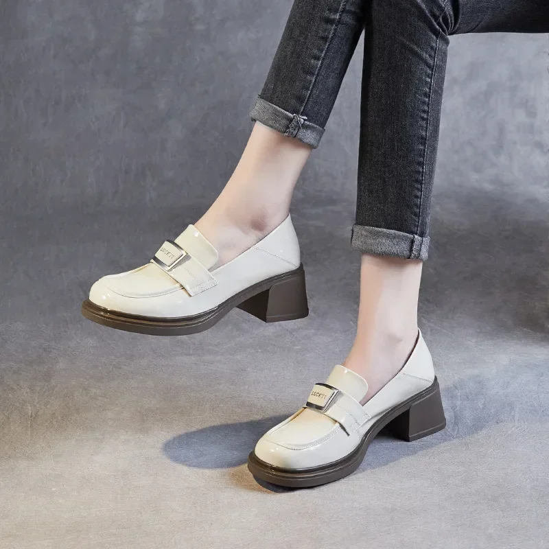 5.5CM Women Thick High Heel Loafers Genuine Leather Round Toe Slip On Pumps 2025 Ladies Patent Leather Trend Casual Shoes image 3