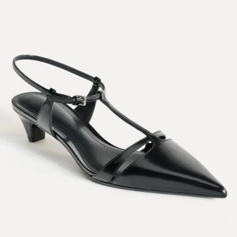 Zapatos de tacón bajo de charol negro, zapatos de diseñador con hebilla en el tobillo a la moda para mujer, sandalias elegantes con correa en T y punta estrecha