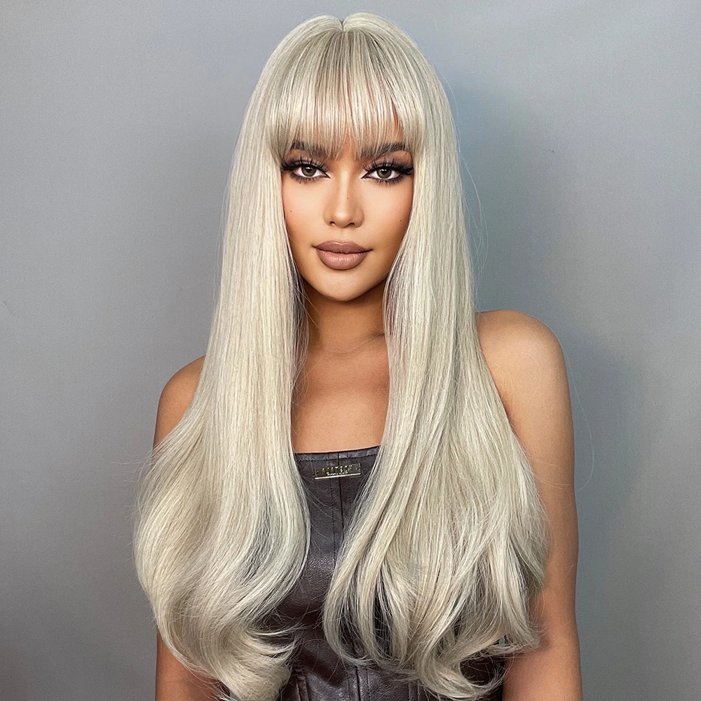 HENRY MARGU Long Platinum Blonde Wavy Synthetic Wigs for Women Natural Cosplay Party Wigs with Bangs Heat Resistant Daily Wigs