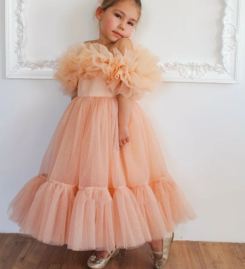 Shiny Birthday Party Girl Dress Special Occasion Peach Festive Dress Glittery Baby Girl Photo Shoot Flower Girl Dress