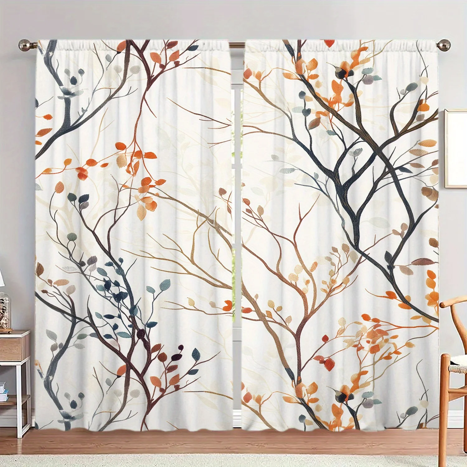 Warm Autumn Leaf Blackout Rod Pocket Curtain Delicate Thin Twig Multi Color Fall Foliage Decor Cottage Homestay Rest Bay Window