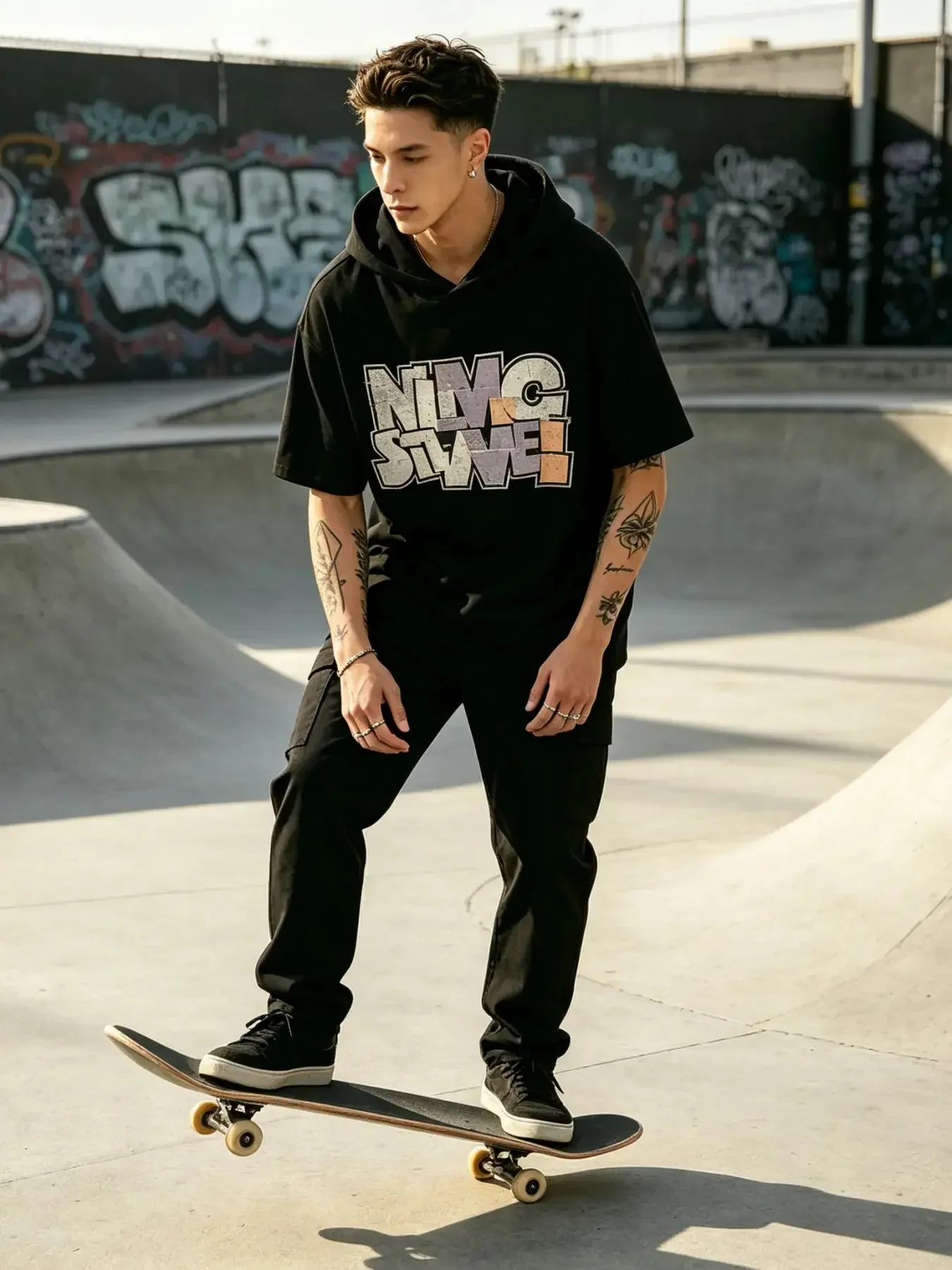 Men's Short Sleeve Hooded T-Shirt, Casual Graphic Print Hoodie Tee, Relaxed Fit Streetwear Pullover Top for Skate Daily Wear
