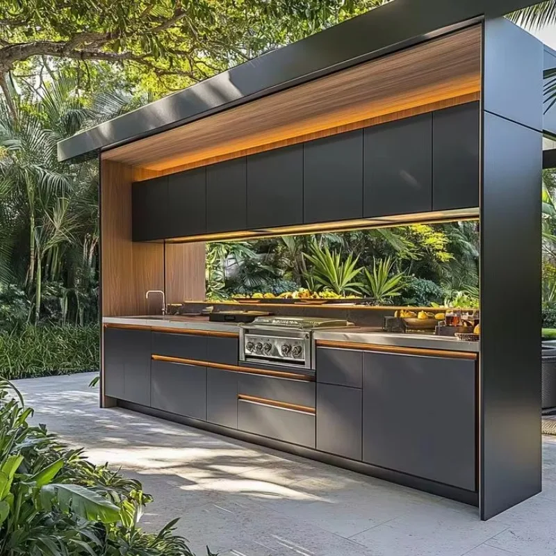 High-grade durable wood outdoor kitchen cabinet stainless steel sink laminated faucet hinge windproof modular design