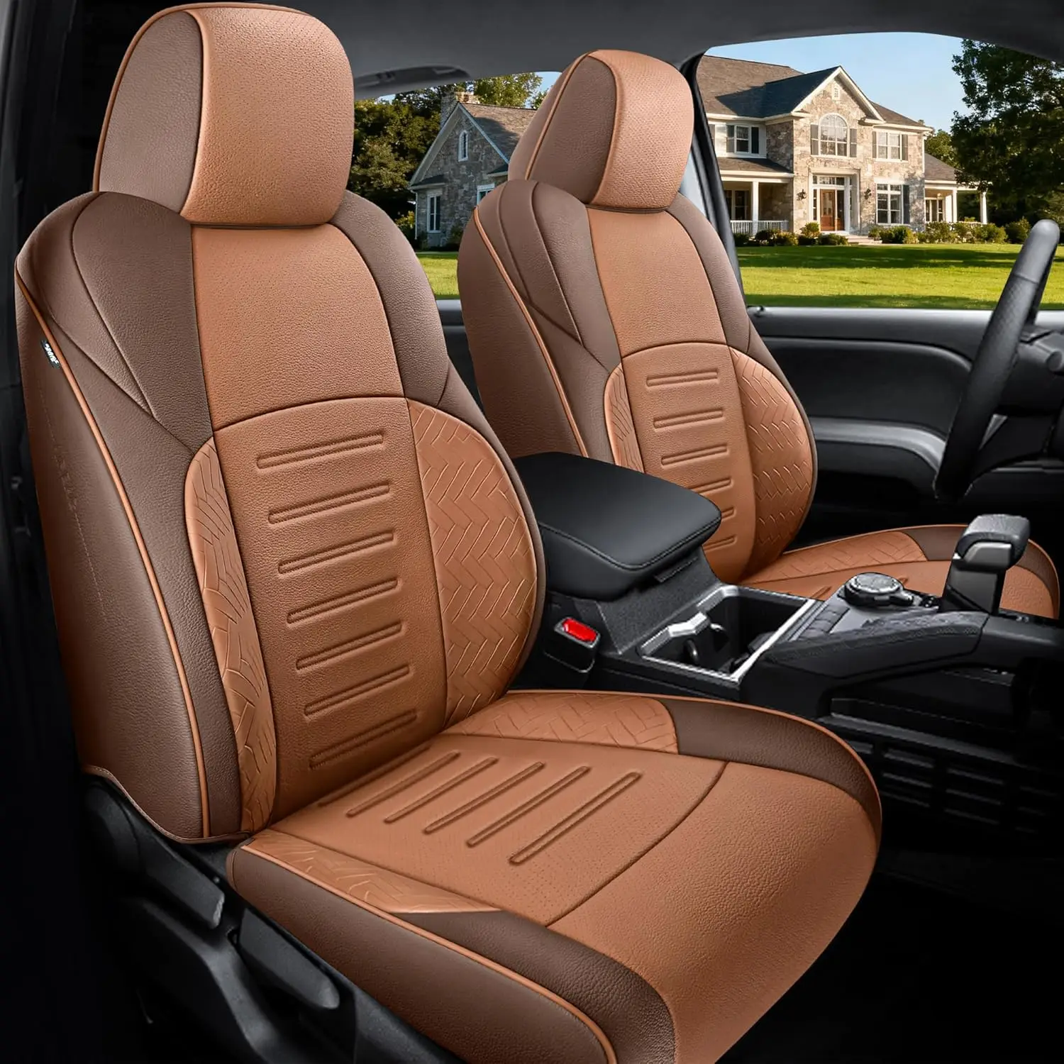 Faux Leather Full Set Seat Covers in Brown + Orange for 2024 - 2026 4th Gen Double/Crew Cab Trucks, Custom Fit