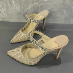 Pointed Toe Mesh Stiletto Heels Sandals for Women Brand Design Black Yellow Color Rhinestones Strap High Heel Banquet Dress Shoe