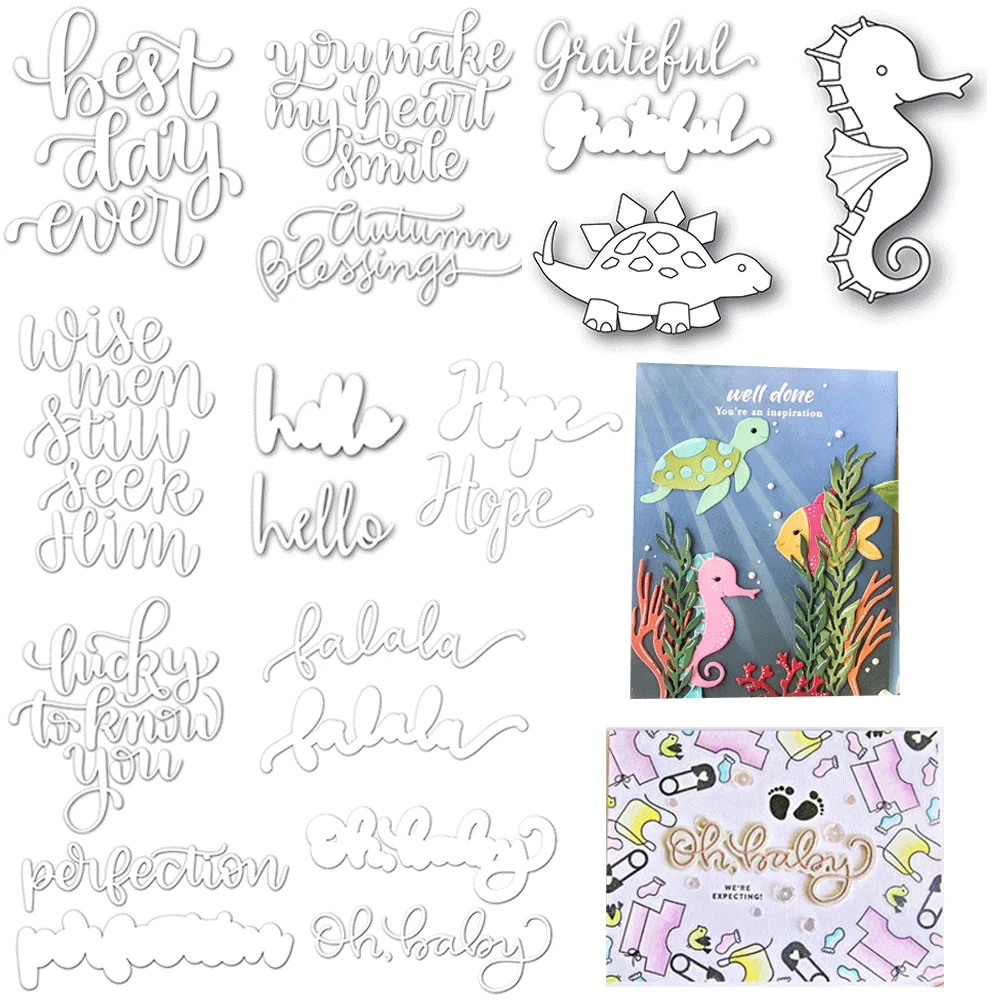 Kohlenstoffstahl-Stanzformen „Seahorse Dinosaur Oh Baby Best Day Ever“ für Scrapbooking, DIY-Geburtstagskarten und Papierhandwerk
