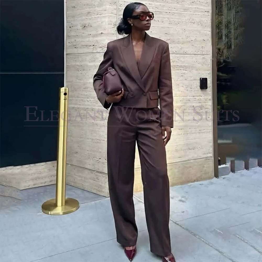 Cropped Women's Suits Fashion Business Brown Double Breasted Peak Lapel Blazer Customized 2 Piece Jacket Pants Clothing