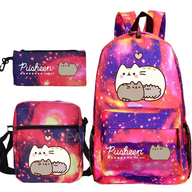 3Pcs/Set Fat Cat Backpacks Boys Girls Cartoon School Backpack Book Bag Teen Sharkdog Mochila Fashion Casual Knapsack