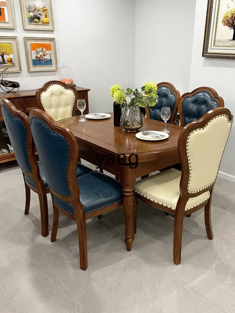 LMMM American Country All Solid Wood Dining Table and Chair Combination Telescopic Retro Small Apartment Simple Folding