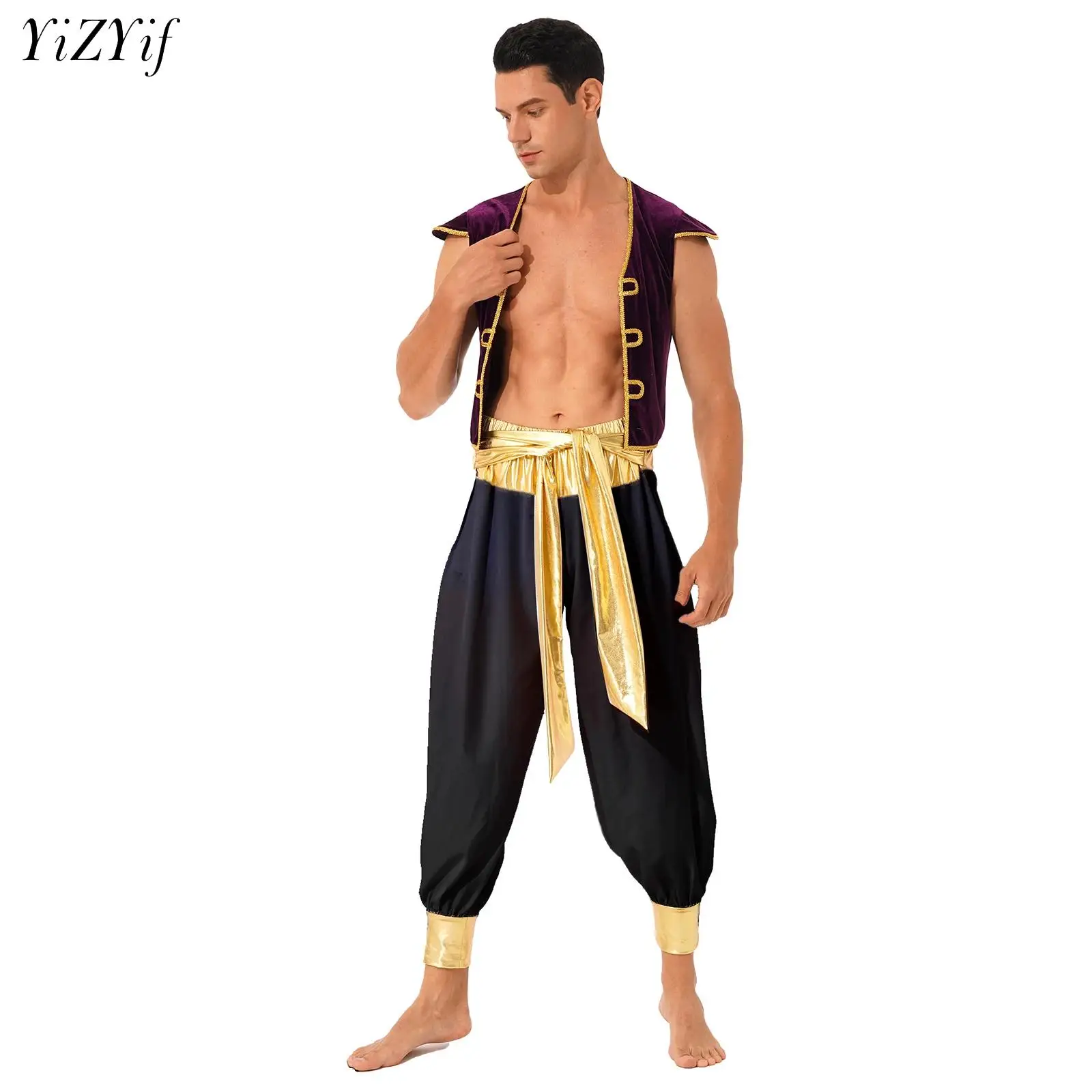 

Myth Arabian Prince Role Play Costume for Adults Cap Sleeve Vest Waistcoat And Bloomers Pants Halloween Fancy Dress Ball Outfits