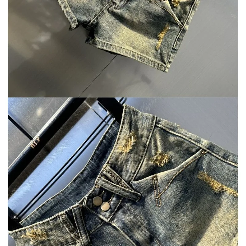 Pantalones cortos de mezclilla con diseño deshilachado Sexy Retro, pantalones cortos de moda bordados con lazo de cintura baja para mujer