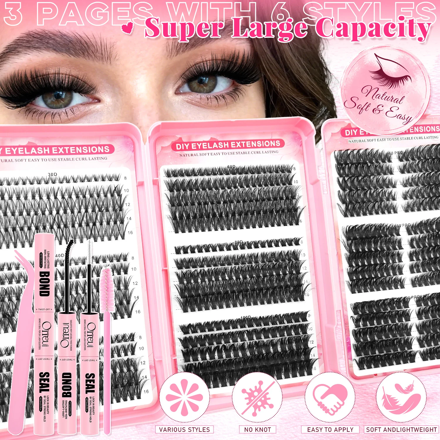 830PCS DIY Lash Clusters Kit 30D 40D 50D 60D 80D 100D D Curl Mixed 8-16mm Cluster Eyelashes with Bond Seal Tweezers