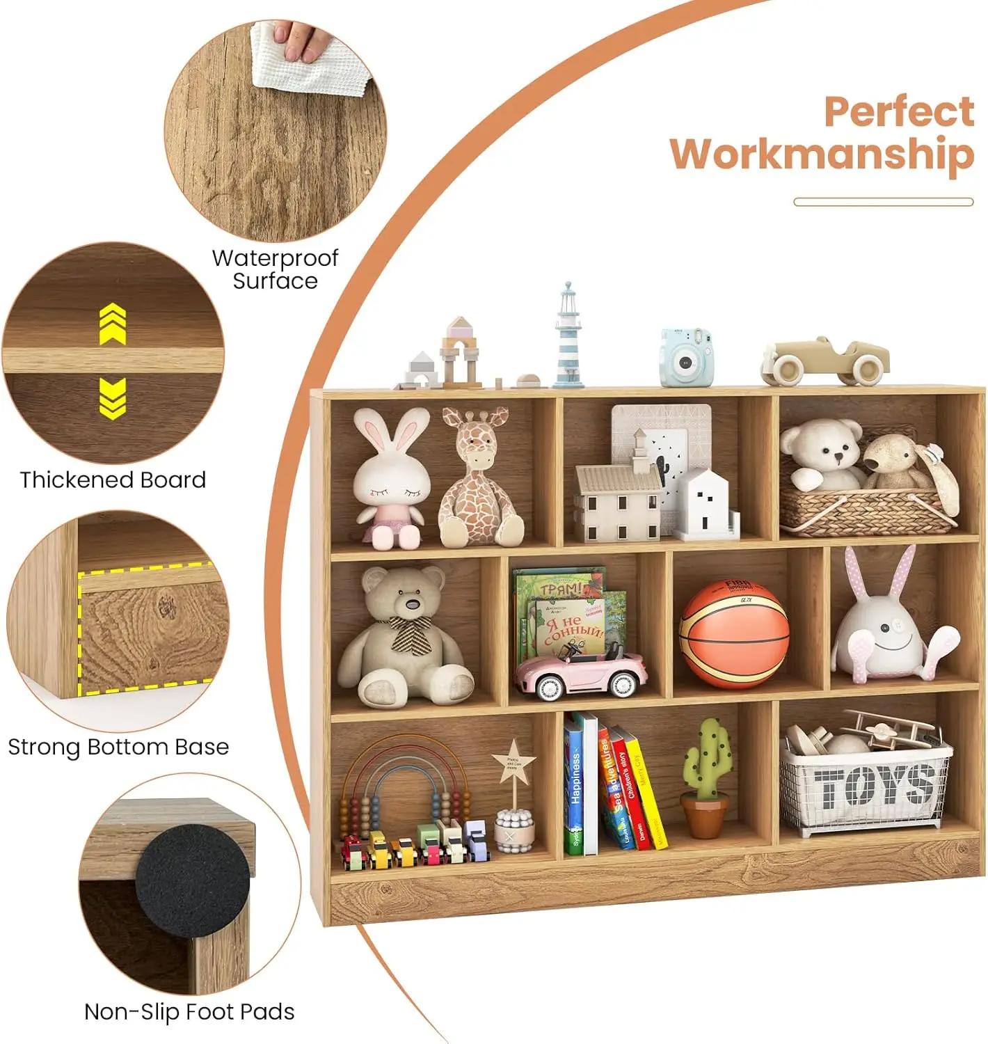 رف، منظم تخزين ألعاب مكون من 10 أقسام لألعاب الكتب، خزانة تخزين خشبية من 3 طبقات، رف كتب للأطفال لغرفة اللعب، مرحلة ما قبل المدرسة، C