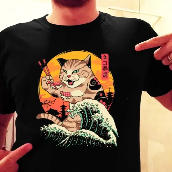 

Funny Neko Sushi Wave Hard Seltzer Ukiyoe T-Shirt 100% Cotton O-Neck Summer Short Sleeve Casual Mens T-shirt Size S-3XL