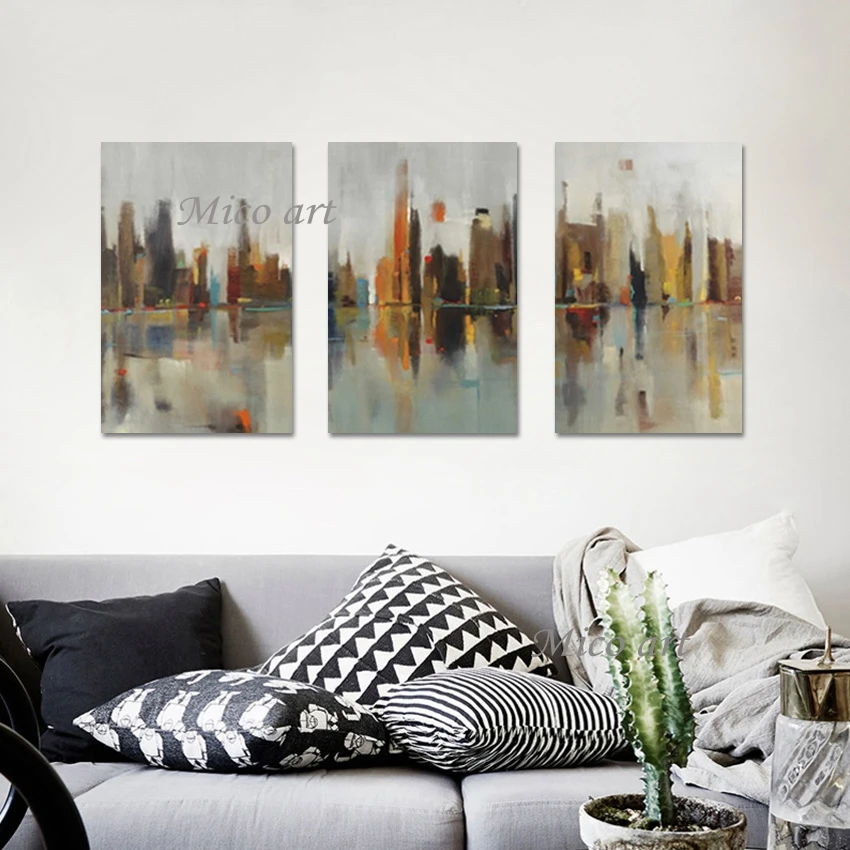 3PCS Abstract Art Building Street Landscape Picture Pure Handmade Paintings On Canvas Frameless Office Wall Decoration Piece