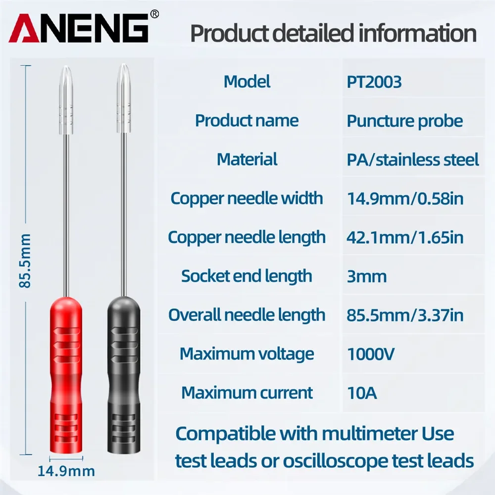 ANENG PT2003 2pcs Multimeter Test Lead Extention Piercing Needle Tip Probe 1000V 10A Red/Black Insulation Piercing Pins Tools