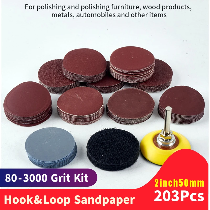 203Pcs 50mm 2 Inch Sander Disc Sanding Discs 80-3000 Grit Paper with 2Inch Abrasive Polish Pad Plate + 1/4 Inch Shank for Rotary