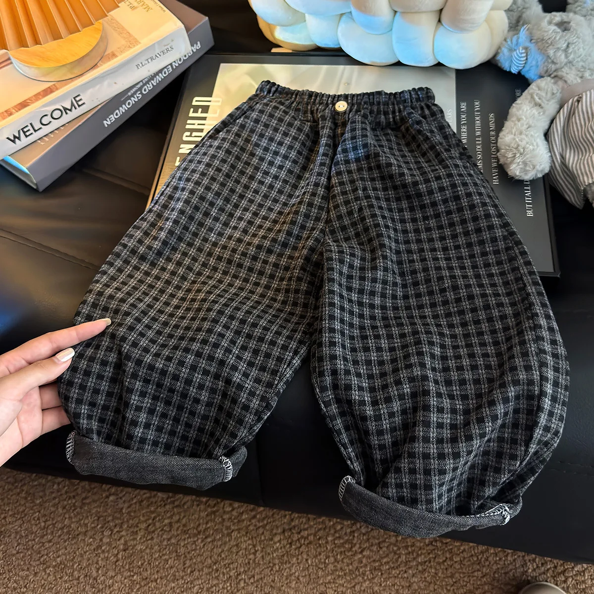 Spring Autumn Children Pants 1-8Y Boys Black Plaid Loose Casual Straight Trousers Korean Toddler Wear For Kids Clothes New