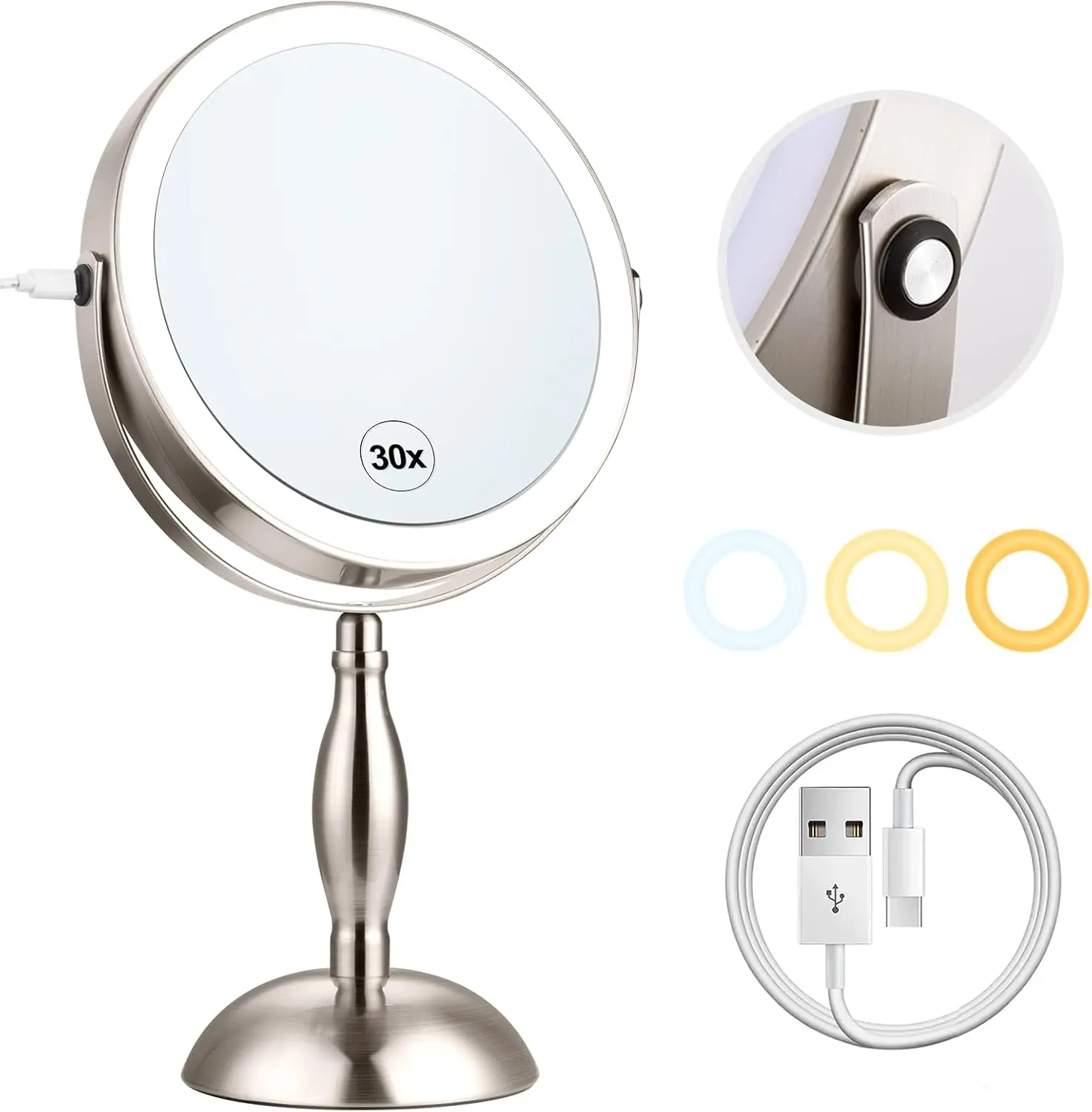 

Makeup Mirror with Light, 30x Magnifying Mirror with 3 Lights Colors, 5000mAh Vanity Mirror Brushed Nickel - 360° Rotation, Brig