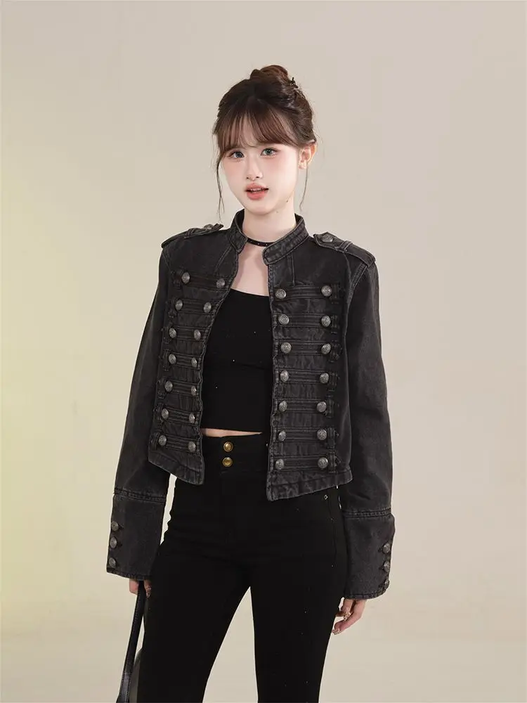 Women's American Retro Denim Military Inspired Cropped Jacket Long Sleeve Stand Collar Casual Y2k Motorcycle Coat