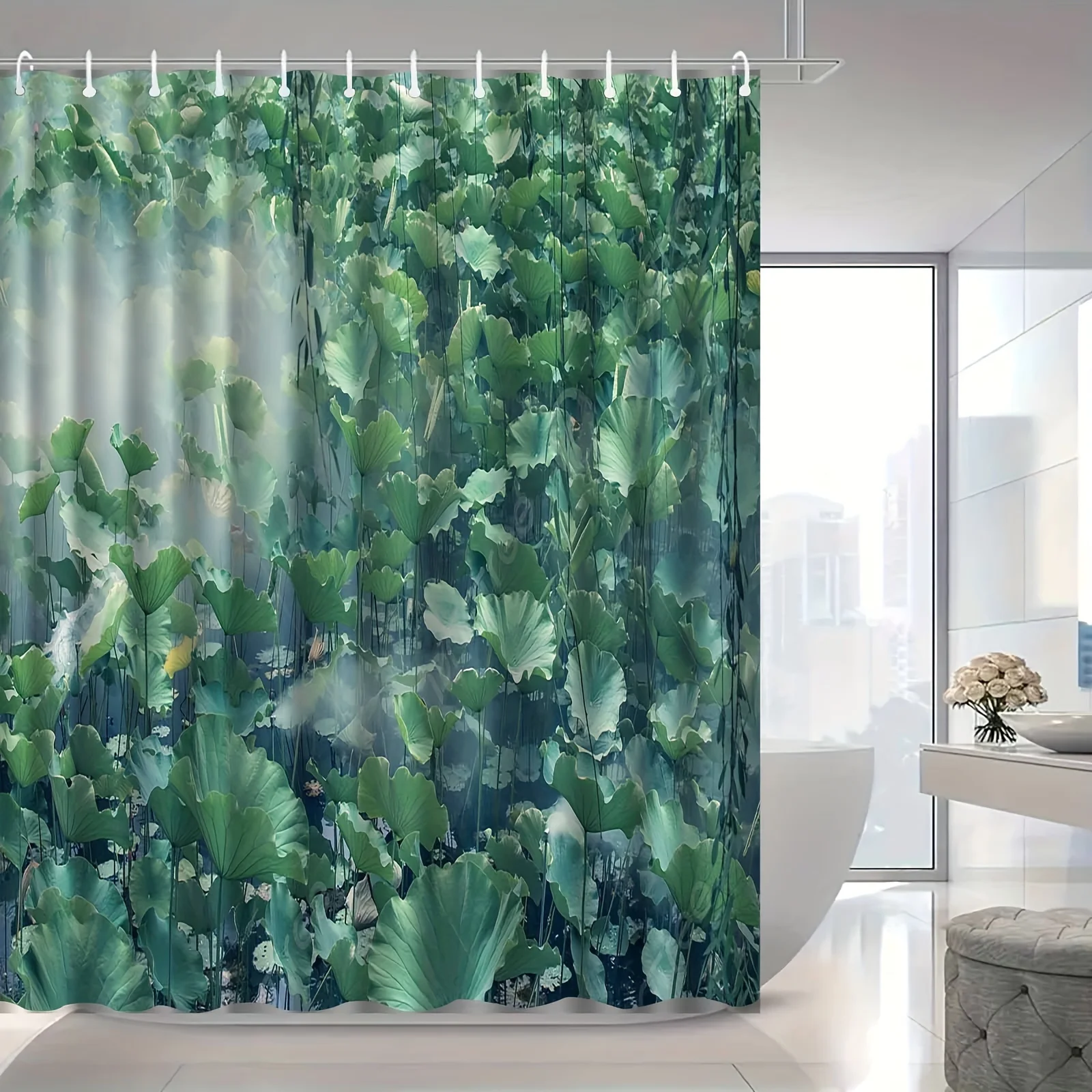 JIT1pcs Green for Lotus Leaf Water Lily Landscape Natural Shower Curtain, High-end Elegant and Anti Fog Bathroom Curtain, Multif