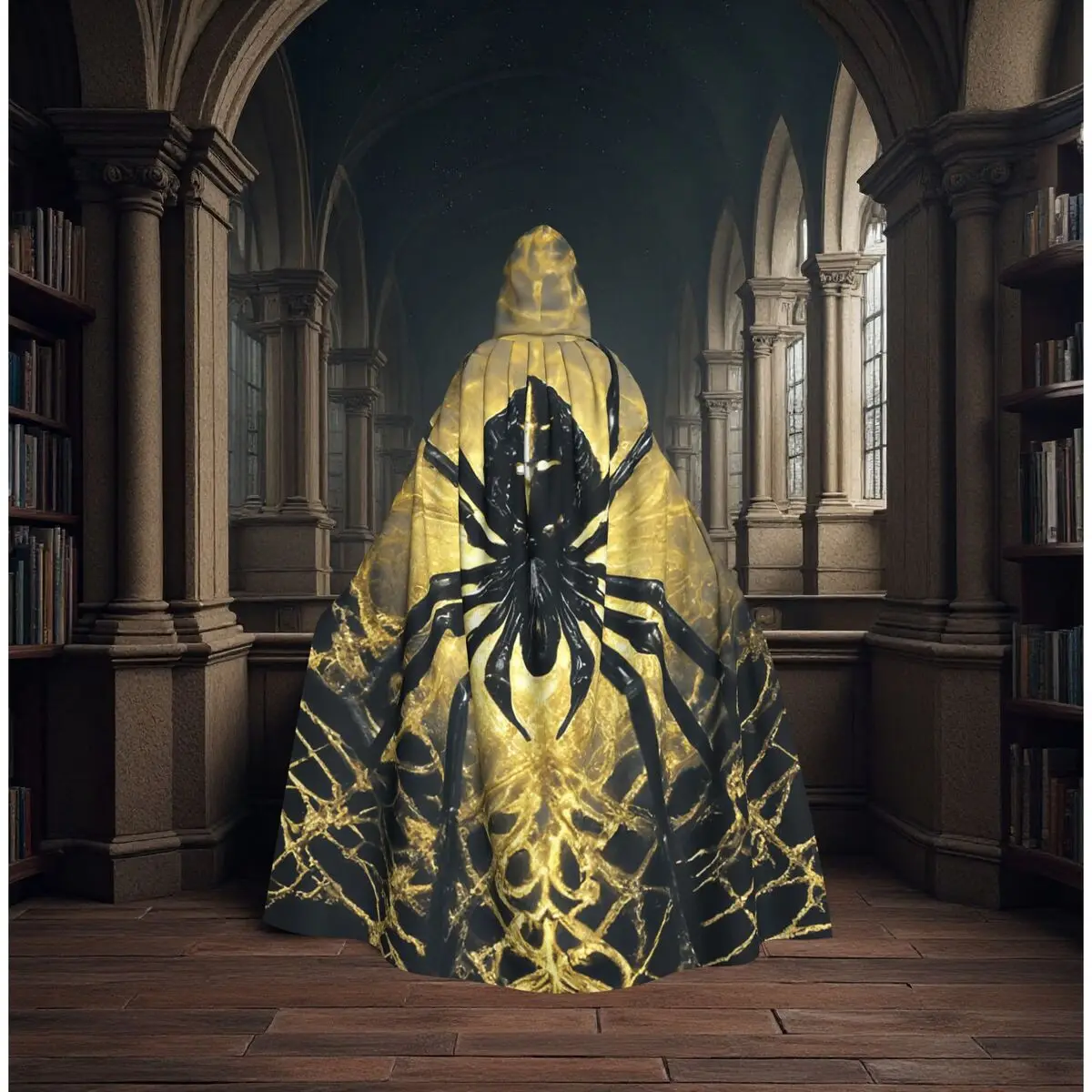 Capa larga con capucha con estampado de telaraña y arañas, disfraz de bruja medieval, capa de cosplay para fiesta de Halloween, unisex para adultos