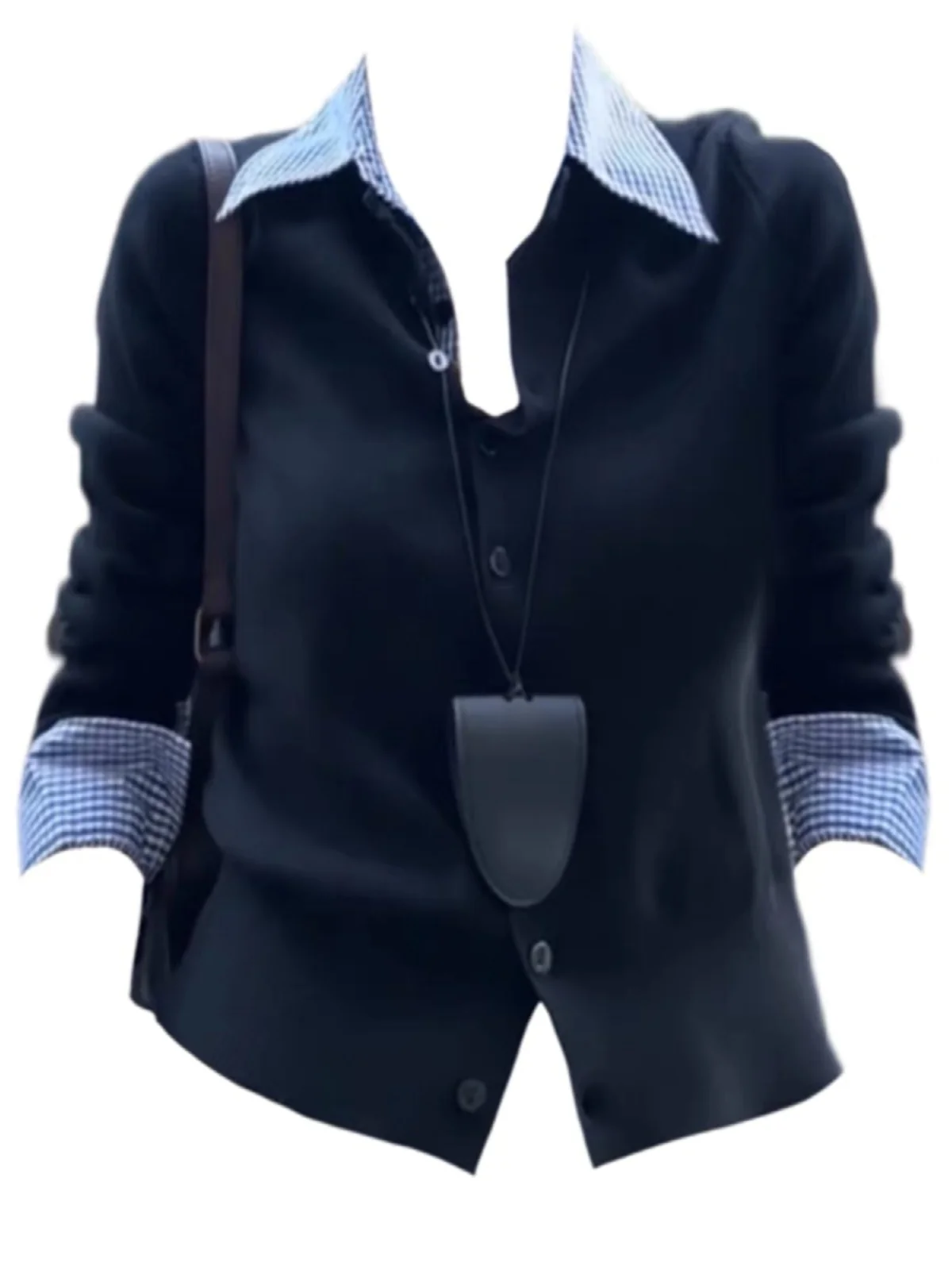 Slim Fit  Neck T-Shirt Female Splice Design Commute Style Korean Version Large Size Long Sleeve Autumn New Arrival