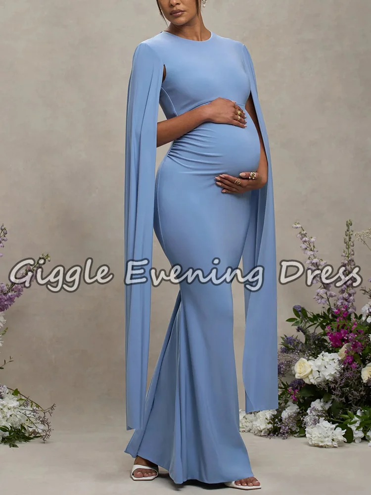 Giggle Elegante blaue Satin-Meerjungfrau-Abendkleider mit Flügelärmeln, einfaches Damen-Schwangerschaftskleid, Fotografie, Freizeitkleider, individuell gestaltet