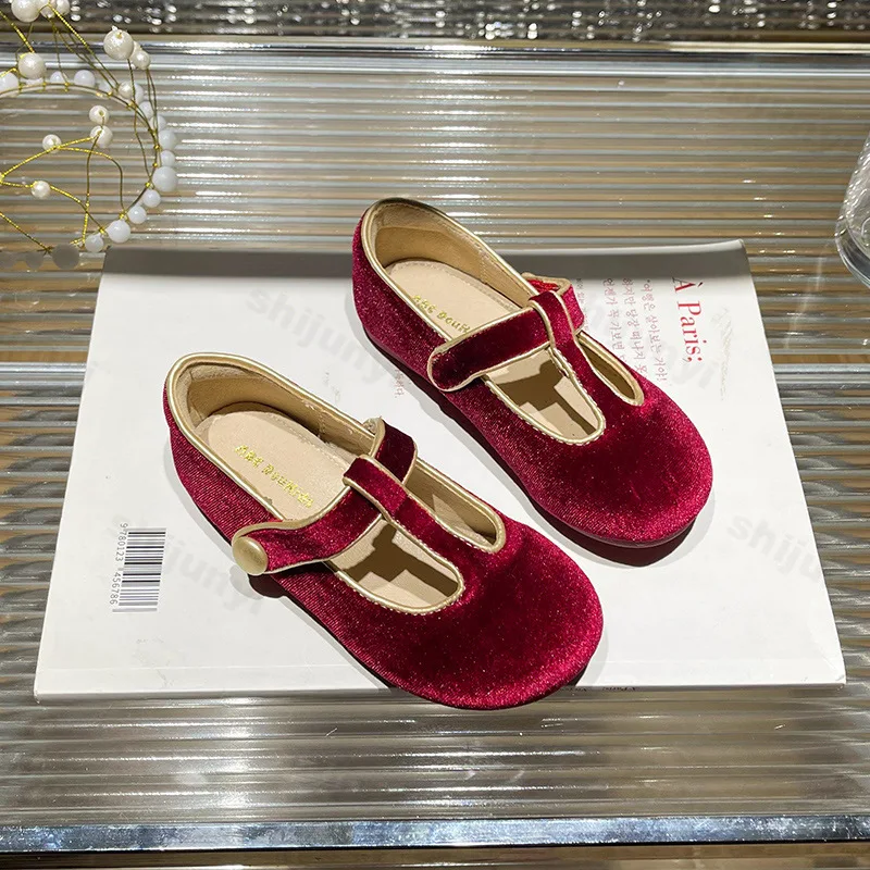Girls Princess Shoes Velvet Spring Baby Casual Shoe Fashion Mary Jane Outdoor T-shaped Children Soft Sole Retro Dance Flat Shoes