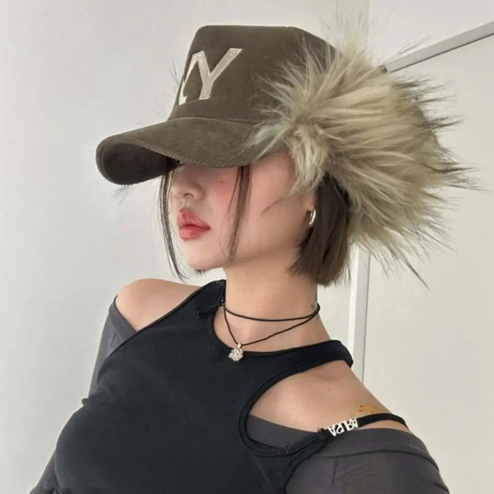 

Fashion Korean Style Corduroy Baseball Cap Embroidered Warm Feather Baseball Hat Sunshade Letter Y2k Peaked Cap Streetwear