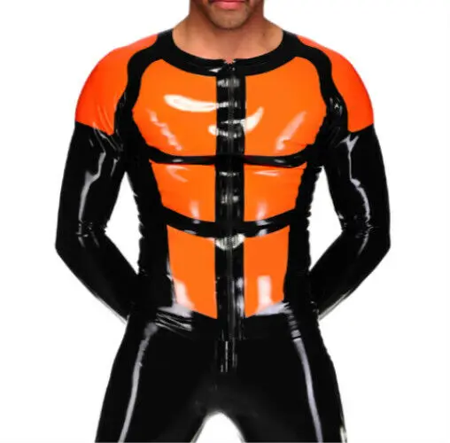 

RubberLatex Rubber Fashion Catsuit Orange & Black Zipper Bodysuit Handsome Extract S-XXL