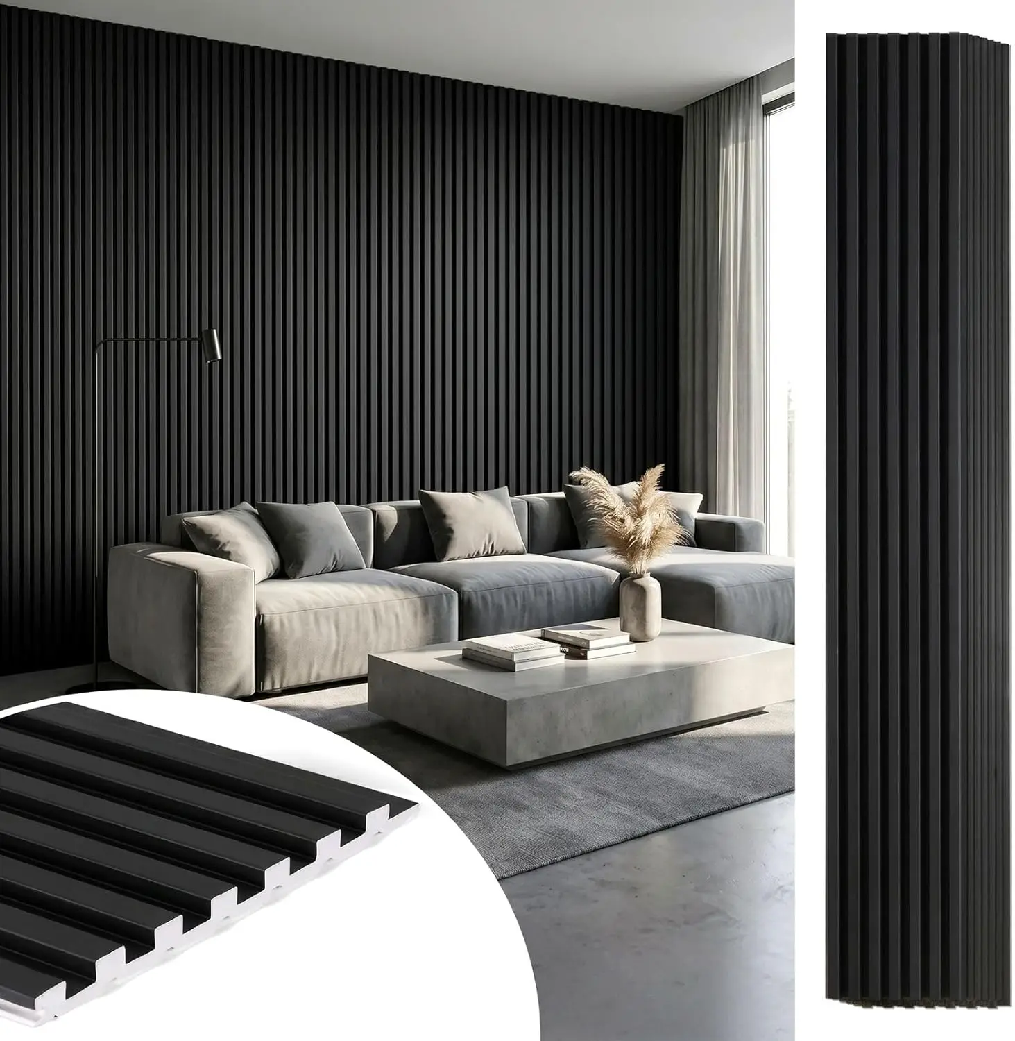 

WPC Acoustic Slat Wall Panels 8-Pack 96" x 6" for Interior Wall Decor with 3D Texture and Easy DIY Installation, Solid Black