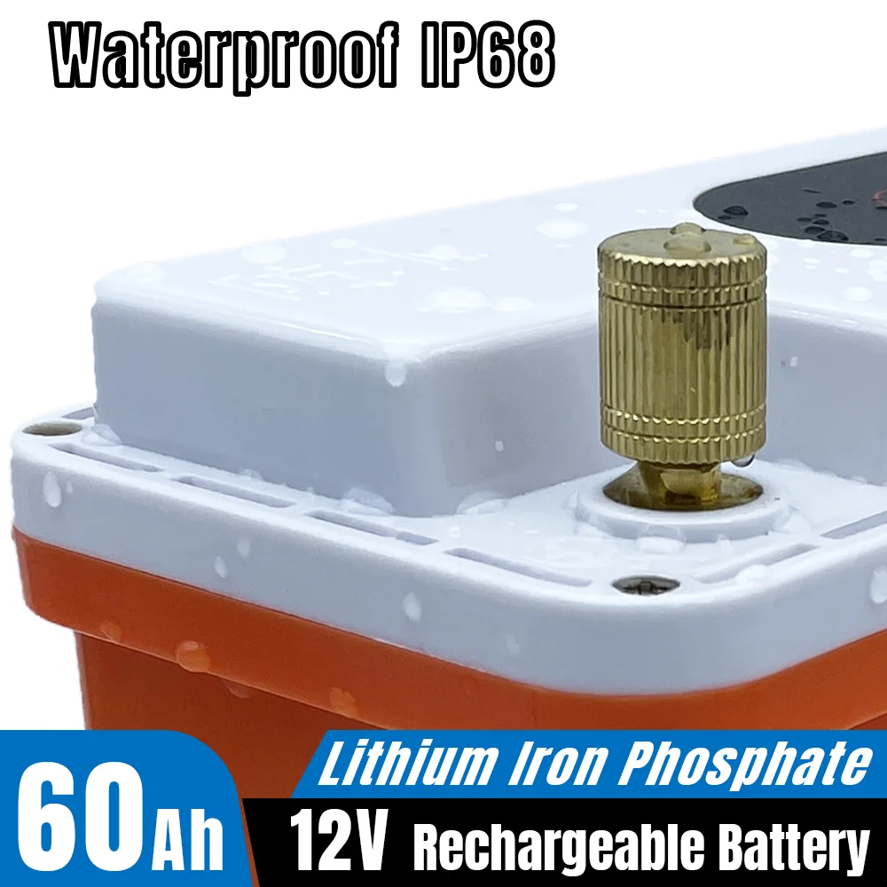 12V 50Ah 60Ah LiFePO4 Battery Pack 768Wh Waterproof IP68 Built-in BMS Power Bank for Fishing Outdoor Easy to carry +Charger