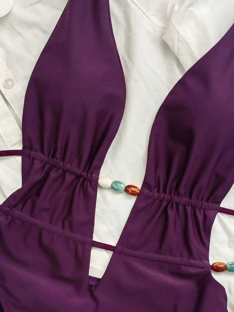 

Purple Backless One-Piece Swimsuit With Beaded Detail For Beach Party Summer Vacation