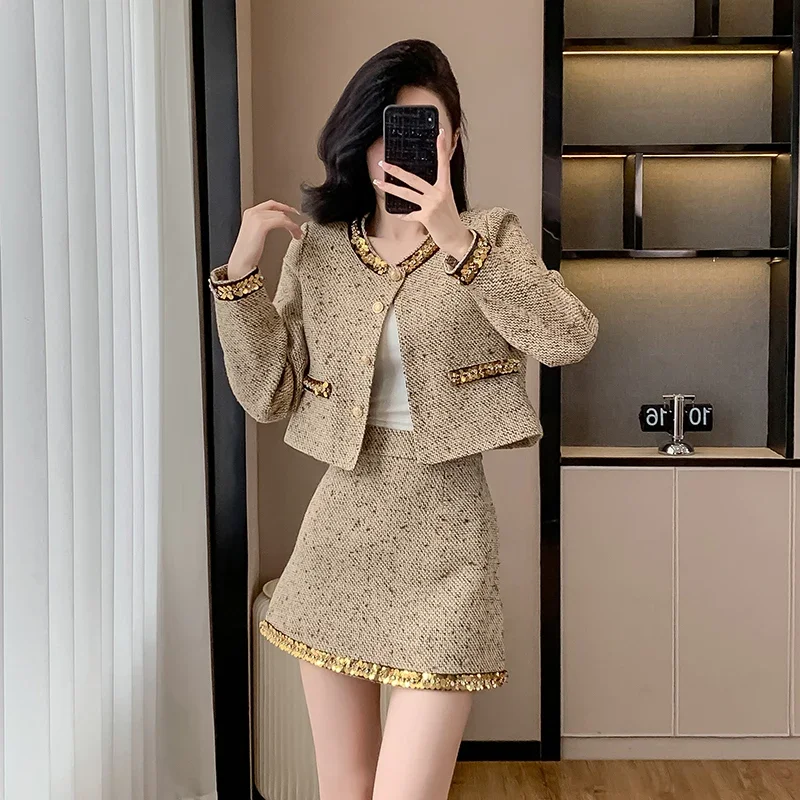 Real Shot Sequin Refined Classic Style Jacket Women's Autumn New Short Socialite Elegant Petite Heiress Set Female Office Lady