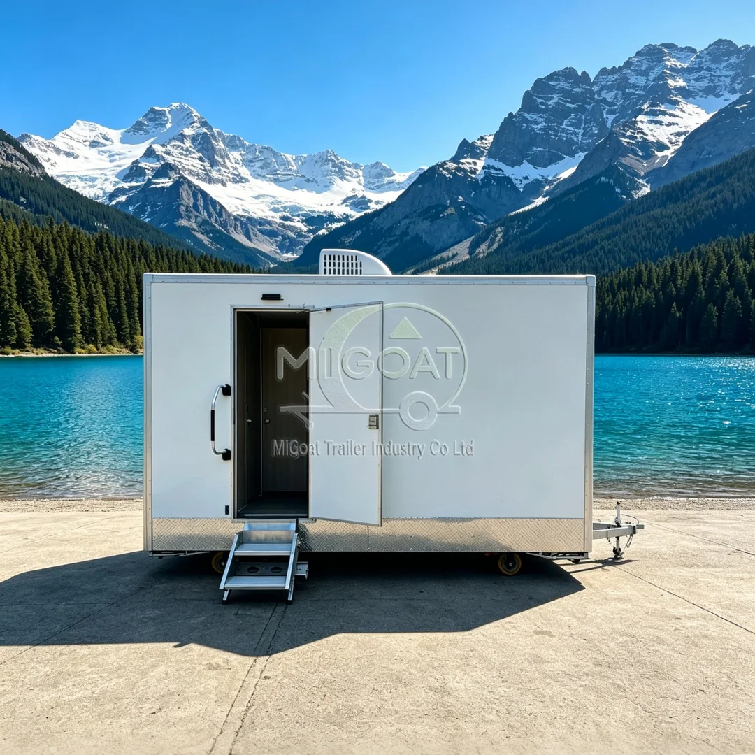 Portable 2 Stall Mobile Toilet Trailer Flush Restroom Unit With Steps For Outdoor Job Site Events