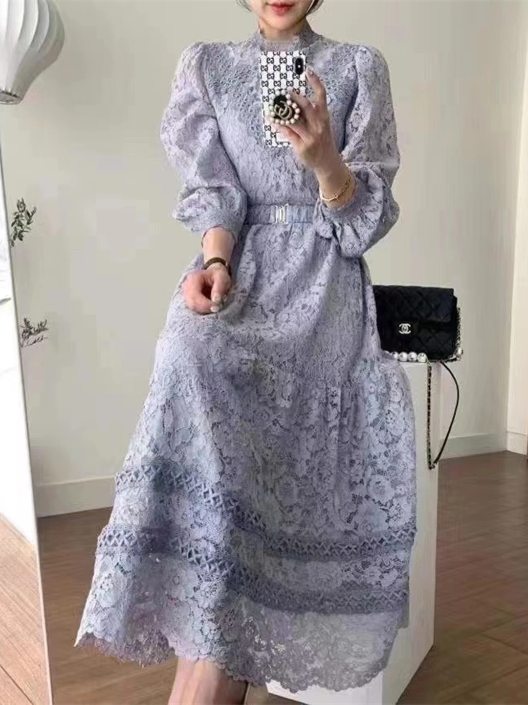 2024 New Spring Autumn Women Stand Collar Long Sleeve Belt Slim Long Dress High Quality Elegant Retro Floral Lace Runway Dress