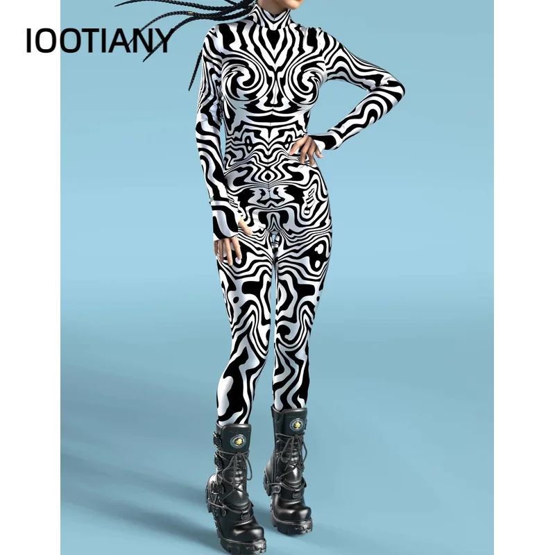 Skull 3d Print Catsuit Vrouw Met Rits Aan De Voorkant Jumpsuit Zentai Bodysuit Game Party Kostuum Vrouwelijke Cosplay Outfit Monos Mujer