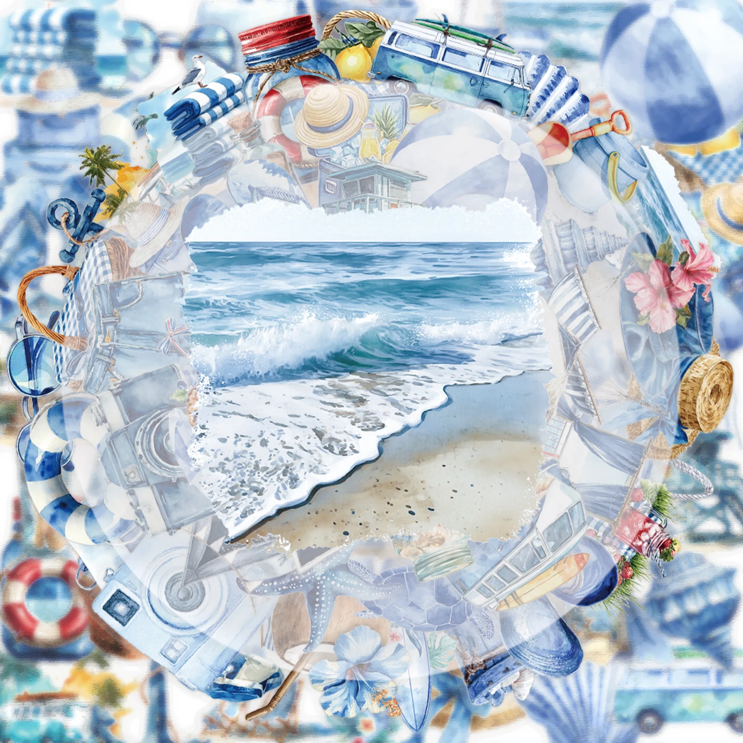 50 Transparent Summer Beach Blue Series Stickers Pack, Suitable for Decorating Water Bottles, Laptops, Mobile Phones, Suitcases, Skateboards, Guitars, Gift Boxes, Party Decorations