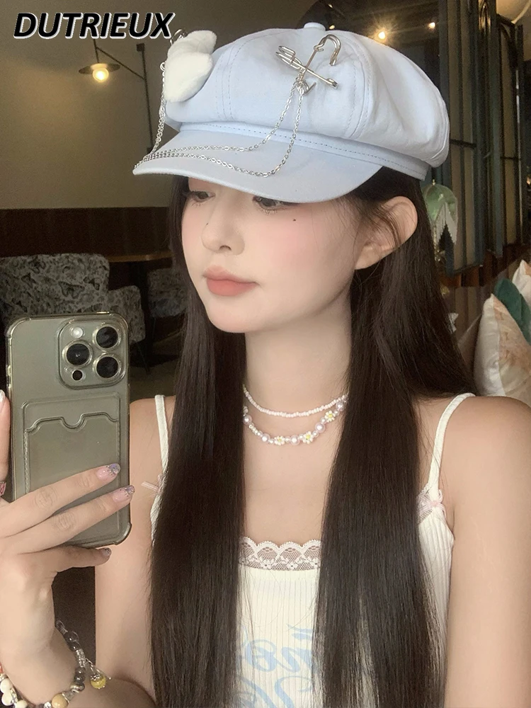 Y2k Special-Interest Design Solid Color Beret Women's Summer Thin Hot Girl Personality Chain Decorative Wide Brim Painter Hat