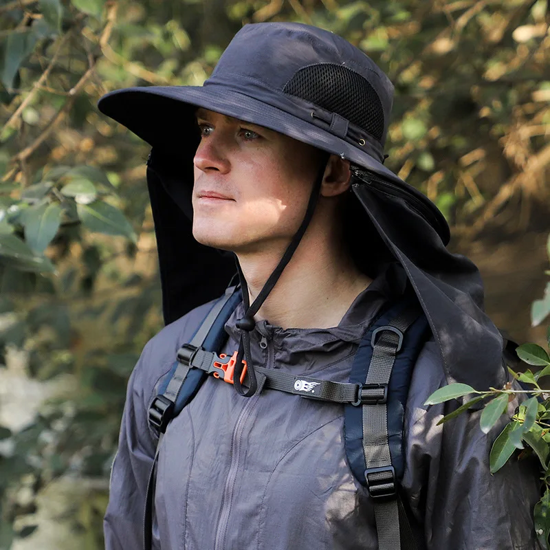

Outdoor brimmed visor with zipper and detachable sunscreen curtain men's summer hiking bucket hat is light and breathable