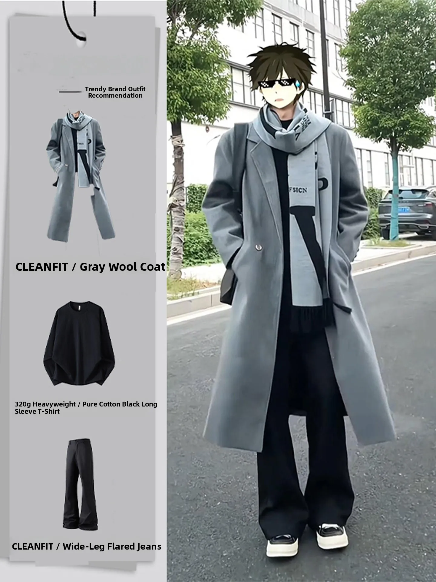 

Cleanfit ey Woolen Men's Autumn Winter Faion Set College Sle Mid-Length Coat Long Sve Sweatirt And Long Pants