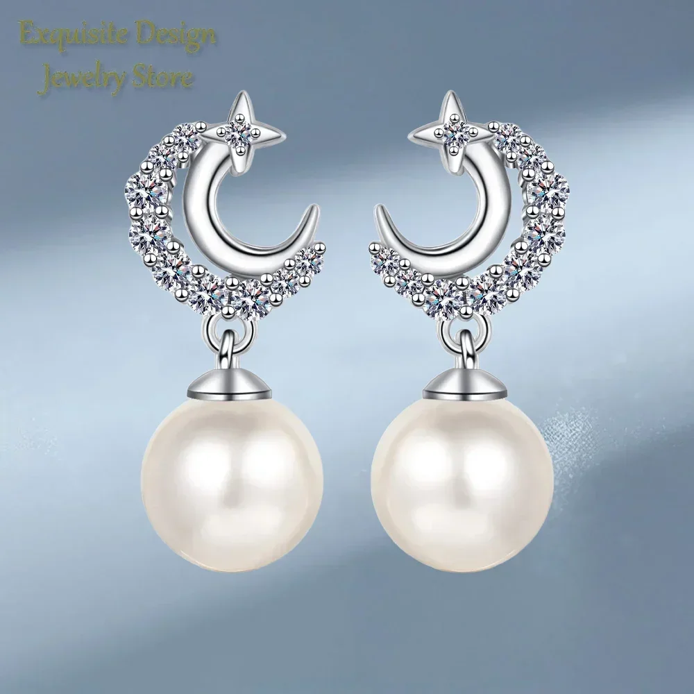 Sweet Fashion 0.35ct Moissanite Star Moon Earrings for Women, Cute 8mm Natural Pearl Ear Studs Piercing Earrings Jewelry Gifts